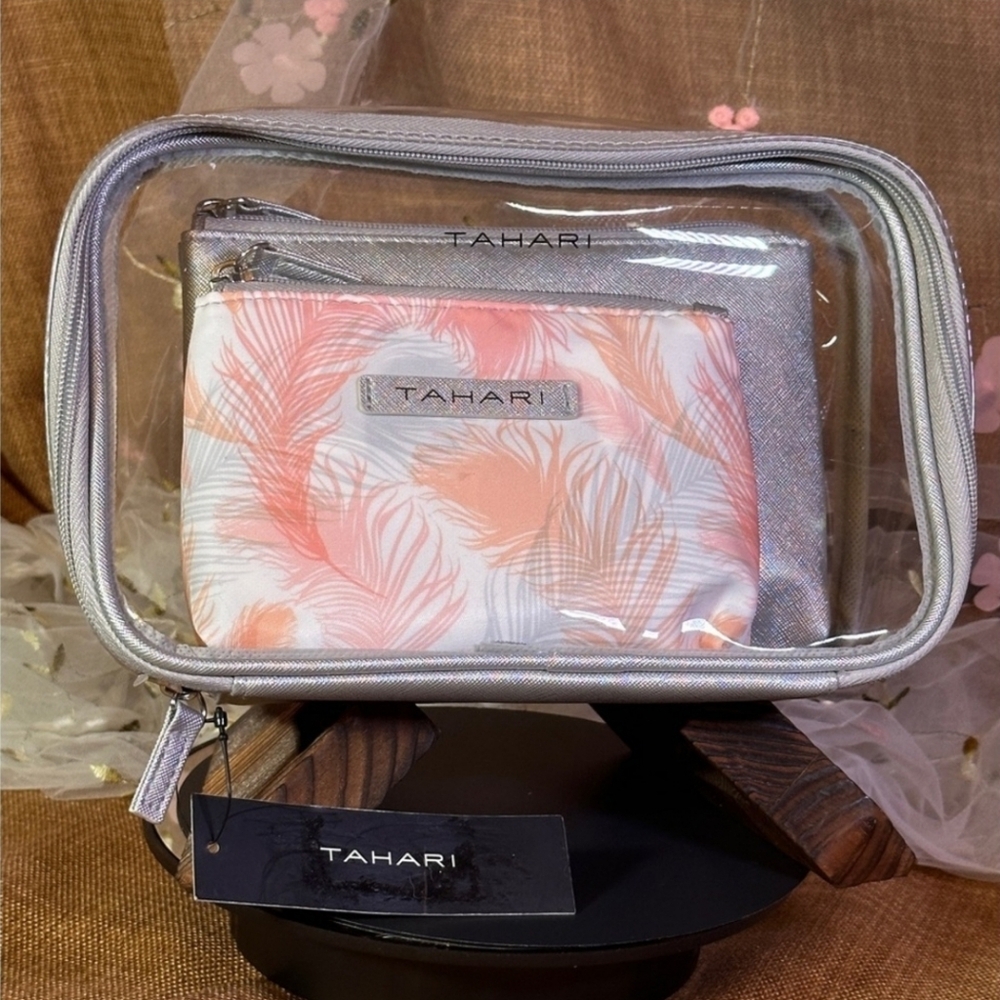3 Pc Tahari Cosmetic Set Large Clear, Medium Silver and Small Patterned Bag